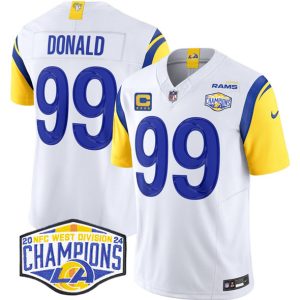 Los Angeles Rams #99 Aaron Donald White 2024 NFC West Champions With 4-Star C Patch F.U.S.E. Vapor Untouchable Stitched Jersey