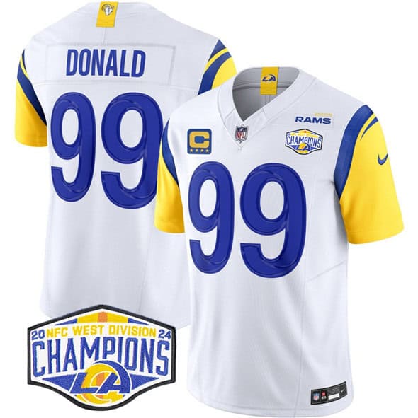 Los Angeles Rams #99 Aaron Donald White 2024 NFC West Champions With 4-Star C Patch F.U.S.E. Vapor Untouchable Stitched Jersey