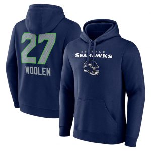 Seattle Seahawks #27 Riq Woolen Navy Team Wordmark Player Name Number Pullover Hoodie