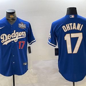 Los Angeles Dodgers #17 Shohei Ohtani Blue 2024 World Series Vin Patch Cool Base Stitched Jersey