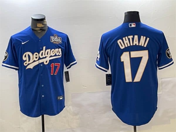 Los Angeles Dodgers #17 Shohei Ohtani Blue 2024 World Series Vin Patch Cool Base Stitched Jersey