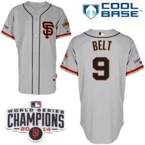 Giants #9 Brandon Belt Grey Road 2 Cool Base W 2014 World Series Champions Patch Stitched Jersey