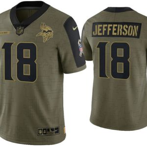 Minnesota Vikings #18 Justin Jefferson 2021 Olive Salute To Service Limited Stitched Jersey