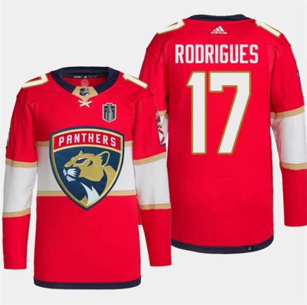 Florida Panthers #17 Evan Rodrigues Red 2024 Stanley Cup Final Patch Stitched Jersey