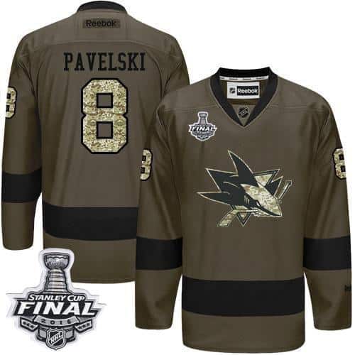 Sharks #8 Joe Pavelski Green Salute To Service 2016 Stanley Cup Final Patch Stitched Jersey
