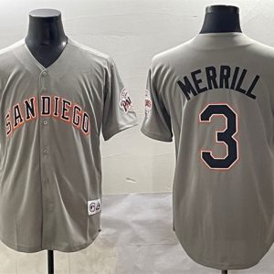San Diego Padres #3 Jackson Merrill Gray Fashion Throwback With Patch Cool Base Stitched Jersey
