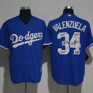 Los Angeles Dodgers #34 Fernando Valenzuela Blue Team Logo Print Cool Base Stitched Jersey