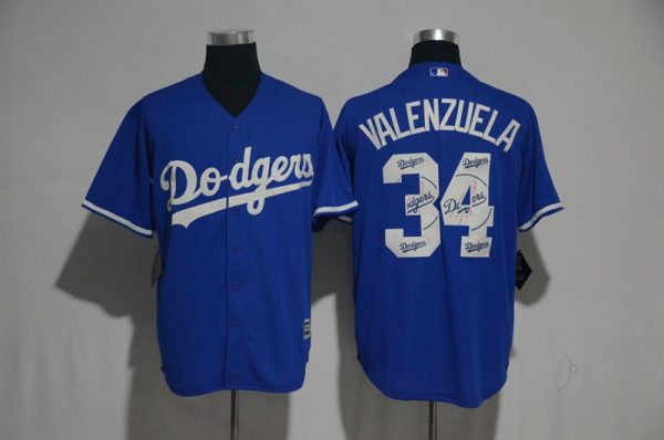 Los Angeles Dodgers #34 Fernando Valenzuela Blue Team Logo Print Cool Base Stitched Jersey