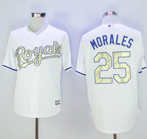 Royals #25 Kendrys Morales White New Cool Base 2015 World Series Champions Gold Program Stitched Jersey