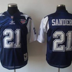 Mitchell Ness Cowboys #21 Deion Sanders Blue White With 75TH Stitched Throwback Jersey