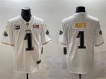 Philadelphia Eagles #1 Jalen Hurts White Gold 2025 Super Bowl LIX Patch And 3-Star C Patch Salute To Service Vapor Untouchable Limited Stitched Jersey