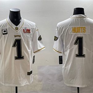 Philadelphia Eagles #1 Jalen Hurts White Gold 2025 Super Bowl LIX Patch And 3-Star C Patch Salute To Service Vapor Untouchable Limited Stitched Jersey