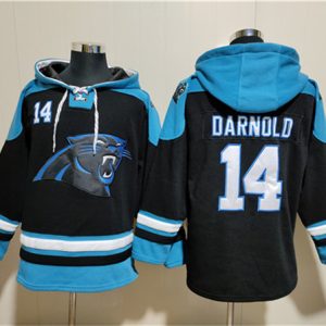 Carolina Panthers #14 Sam Darnold Black Ageless Must-Have Lace-Up Pullover Hoodie