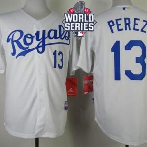 Royals #13 Salvador Perez White Cool Base W 2015 World Series Patch Stitched Jersey