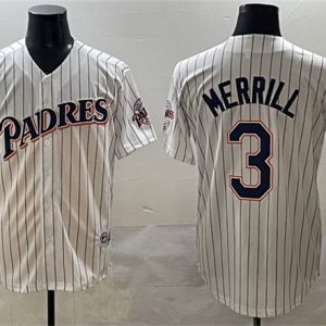 San Diego Padres #3 Jackson Merrill White Throwback With Patch Cool Base Stitched Jersey