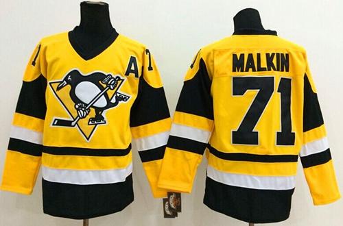 Penguins #71 Evgeni Malkin Yellow Throwback Stitched Jersey