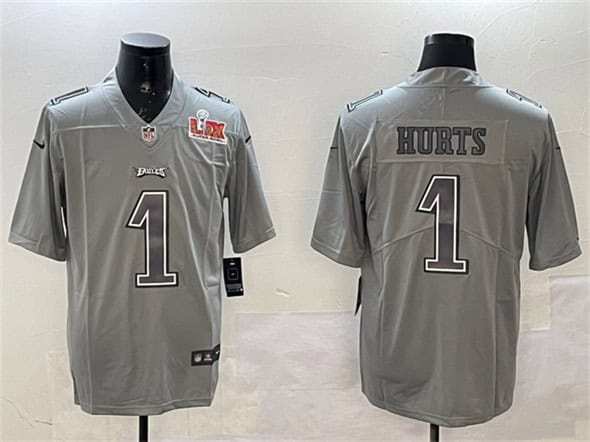 Philadelphia Eagles #1 Jalen Hurts Grey 2025 Super Bowl LIX Patch Atmosphere Fashion Vapor Untouchable Limited Stitched Jersey