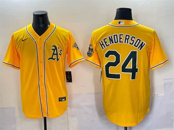Oakland Athletics #24 Rickey Henderson Yellow With Patch Stitched Jersey