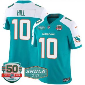 Miami Dolphins #10 Tyreek Hill Aqua F.U.S.E With 347 Shula Patch And 50th Perfect Season Patch Vapor Limited Stitched Jersey