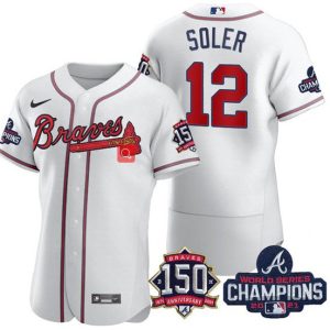 Atlanta Braves #12 Jorge Soler 2021 White World Series Champions With 150th Anniversary Flex Base Stitched Jersey