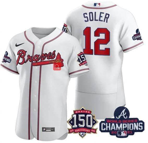 Atlanta Braves #12 Jorge Soler 2021 White World Series Champions With 150th Anniversary Flex Base Stitched Jersey