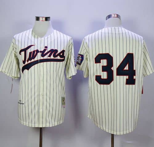 Mitchell And Ness Twins #34 Kirby Puckett Cream Strip Throwback Stitched Jersey