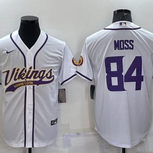 Minnesota Vikings #84 Randy Moss White With Patch Cool Base Stitched Baseball Jersey
