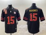 Kansas City Chiefs #15 Patrick Mahomes Black Gold 2025 Super Bowl LIX Patch And 4-Star C Patch Vapor Limited Stitched Jersey