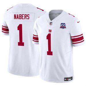 New York Giants #1 Malik Nabers White 2024 Draft F.U.S.E. 100TH Season Patch Vapor Untouchable Limited Stitched Jersey