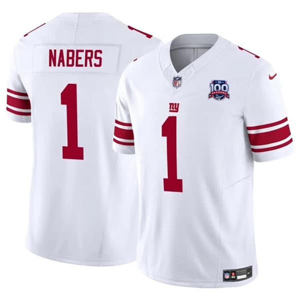 New York Giants #1 Malik Nabers White 2024 Draft F.U.S.E. 100TH Season Patch Vapor Untouchable Limited Stitched Jersey