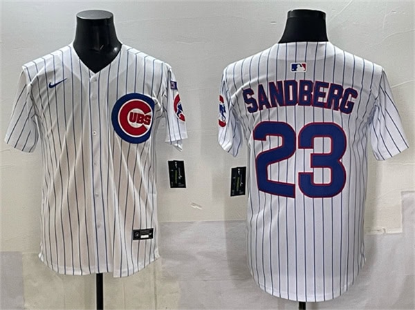 Chicago Cubs #23 Ryne Sandberg White Pinstripe 'Ryne Sandberg Tribute' Vapor Limited V3 Stitched Jersey