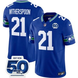 Seattle Seahawks #21 Devon Witherspoon Royal 2025 F.U.S.E 50th Anniversary Patch Throwback Vapor Limited Football Stitched Jersey