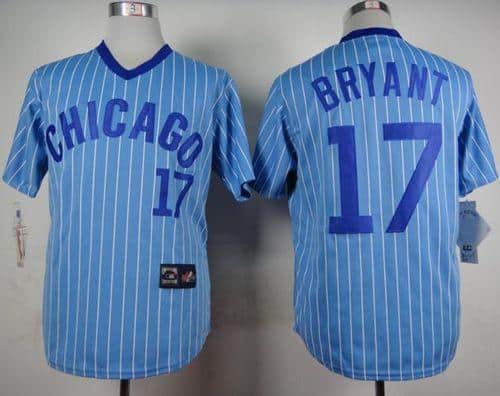Cubs #17 Kris Bryant Blue(White Strip) Cooperstown Throwback Stitched Jersey