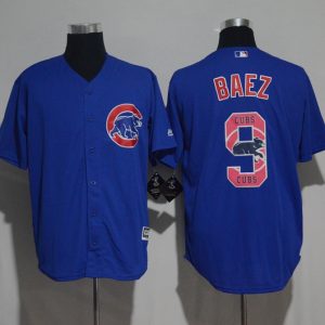 Chicago Cubs #9 Javier Baez Blue Team Logo Print Cool Base Stitched Jersey