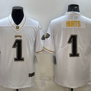 Philadelphia Eagles #1 Jalen Hurts White Gold Limited Stitched Jersey