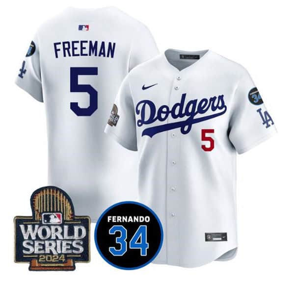 Los Angeles Dodgers #5 Freddie Freeman White 2024 World Series With Fernando Memorial Patch Limited Stitched Jersey