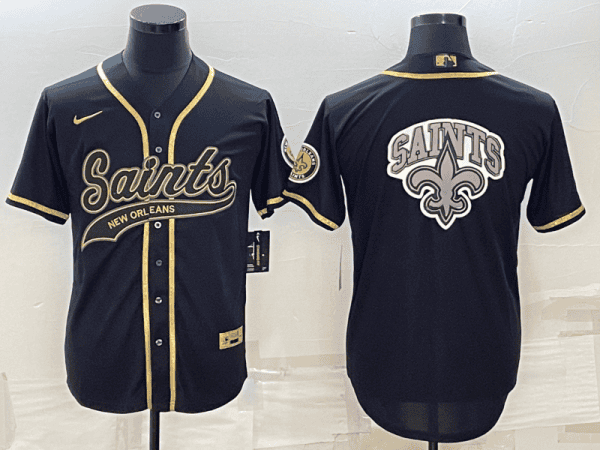 New Orleans Saints Black Gold Team Big Logo With Patch Cool Base Stitched Baseball Jersey