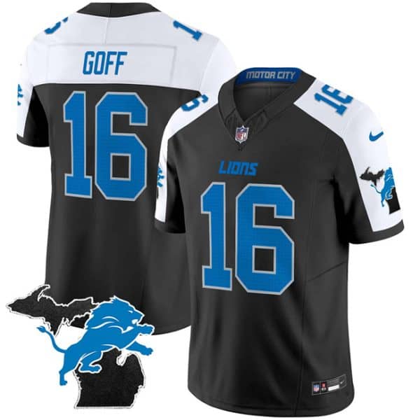 Detroit Lions #16 Jared Goff Black White F.U.S.E. 2024 Michigan Patch Vapor Limited Stitched Jersey