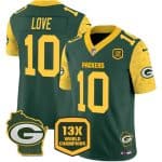 Green Bay Packers #10 Jordan Love Green 2024 F.U.S.E. 13 Time World Champions And Home Patch Vapor Untouchable Limited Stitched Jersey