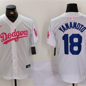 Los Angeles Dodgers #18 Yoshinobu Yamamoto White Pink Vin Kobe Patch Stitched Jersey