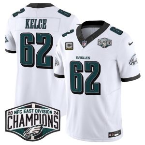 Philadelphia Eagles #62 Jason Kelce White 2024 New NFC East Champions With 4-Star C Patch F.U.S.E. Vapor Untouchable Limited Stitched Jersey
