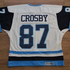 Penguins #87 Sidney Crosby Stitched White Blue CCM Throwback Jersey