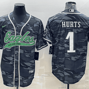 Philadelphia Eagles #1 Jalen Hurts Grey Camo With Patch Cool Base Stitched Baseball Jersey