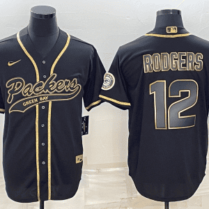 Green Bay Packers #12 Aaron Rodgers Black Gold With Patch Cool Base Stitched Baseball Jersey