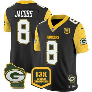 Green Bay Packers #8 Josh Jacobs Black 2024 F.U.S.E. 13 Time World Champions And Home Patch Vapor Untouchable Limited Stitched Jersey