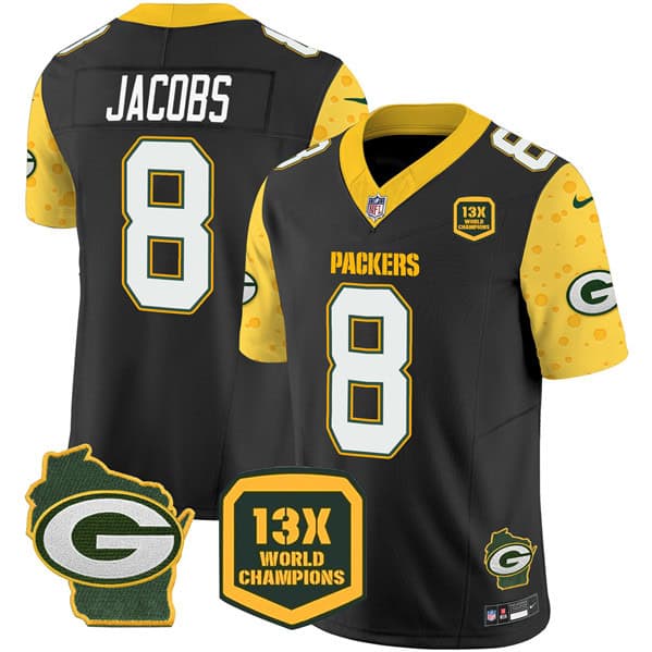 Green Bay Packers #8 Josh Jacobs Black 2024 F.U.S.E. 13 Time World Champions And Home Patch Vapor Untouchable Limited Stitched Jersey