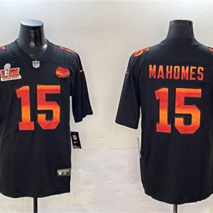 Kansas City Chiefs #15 Patrick Mahomes Black 2025 Super Bowl LIX Patch Fashion Vapor Limited Stitched Jersey