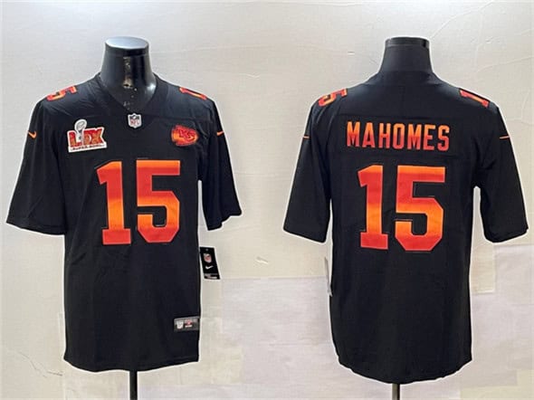 Kansas City Chiefs #15 Patrick Mahomes Black 2025 Super Bowl LIX Patch Fashion Vapor Limited Stitched Jersey