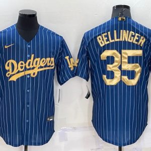 Los Angeles Dodgers #35 Cody Bellinger Navy Gold Cool Base Stitched Baseball Jersey