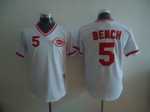 Mitchell And Ness Reds #5 Johnny Bench Stitched White Throwback Jersey